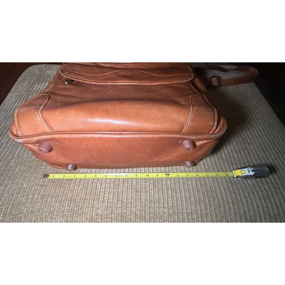 Full Grain Leather Briefcase Laptop Bag Tan Cognac Double Zip
